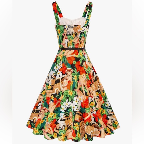 Belle Poque Womens Med Sleeveless Hawaiian Pin Up Girl A-Line Swing Midi Dress - Picture 3 of 15